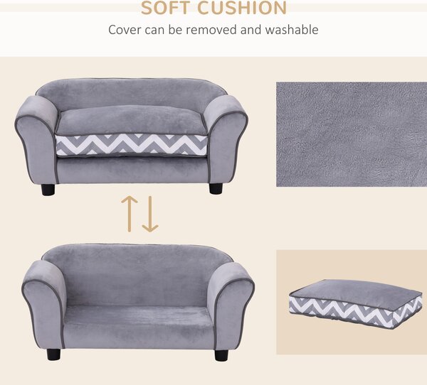 PawHut Dog Bed Sofa Velvet-Feel Pet Sofa Bed with Foam Cushion, Removable and Washable, for Medium Small Dogs, Grey Aosom UK