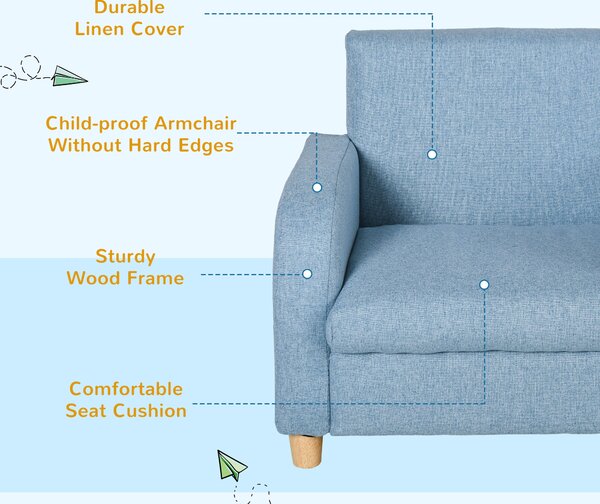 HOMCOM Kids Sofa Mini Sofa Armchair Wood Frame Anti-Slip Legs High Back Bedroom Playroom Furniture for 3-6 Ages, Cat Scratch Anti, Blue Aosom UK