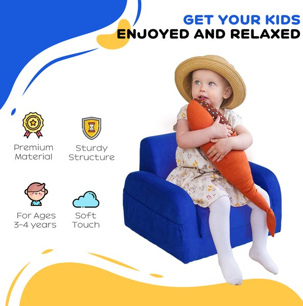 HOMCOM 2 In 1 Kids Children Sofa Chair Bed Folding Couch Soft Flannel Foam Toddler Furniture for 3-4 Years Old Playroom Bedroom Living Room Aosom UK