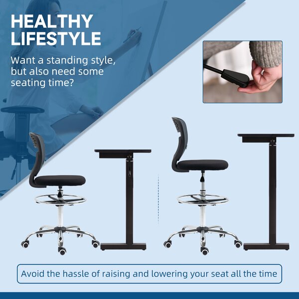 Vinsetto Ergonomic Draughtsman Chair: Armless Swivel Office Chair, Mesh Back with Lumbar Support & Foot Ring, Grey Aosom UK
