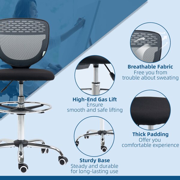Vinsetto Ergonomic Draughtsman Chair: Armless Swivel Office Chair, Mesh Back with Lumbar Support & Foot Ring, Grey Aosom UK
