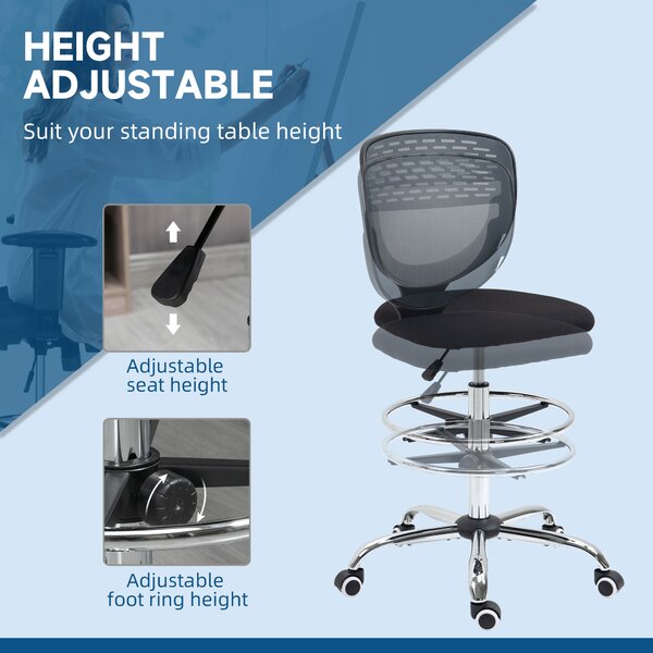 Vinsetto Ergonomic Draughtsman Chair: Armless Swivel Office Chair, Mesh Back with Lumbar Support & Foot Ring, Grey Aosom UK