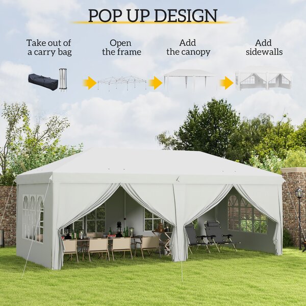 Outsunny 3 x 6m Pop Up Gazebo with Sides, Waterproof Heavy Duty Garden & Camping Shelter with Windows & Storage Bag, White Aosom UK