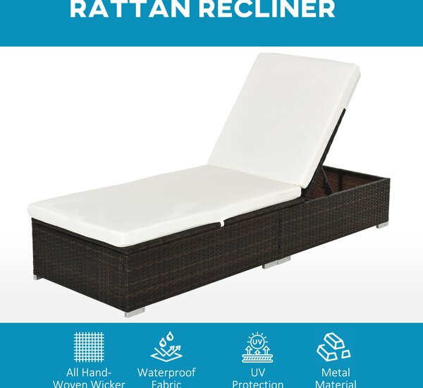 Outsunny 2 Pieces Outdoor PE Rattan Sun Loungers set of 2 w/ Cushion, Garden Wicker Sunbed Furniture w/ 5-Level Recliner Backrest, Brown Aosom UK