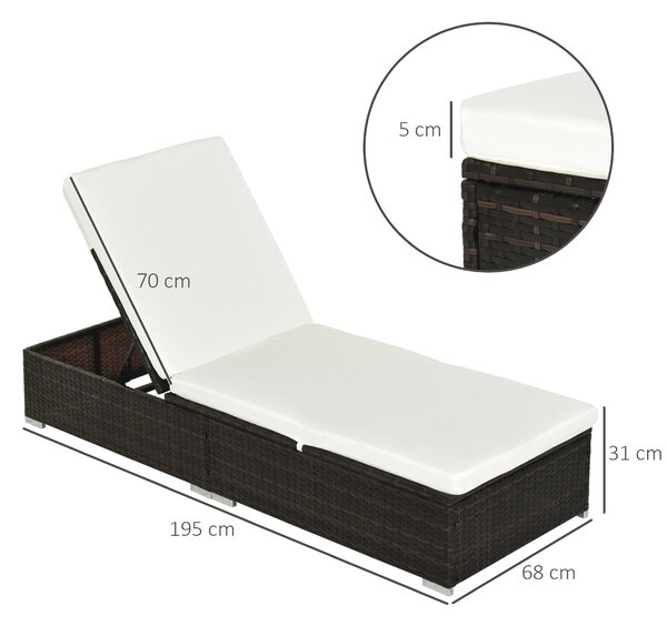 Outsunny 2 Pieces Outdoor PE Rattan Sun Loungers set of 2 w/ Cushion, Garden Wicker Sunbed Furniture w/ 5-Level Recliner Backrest, Brown Aosom UK
