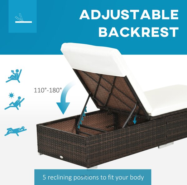 Outsunny 2 Pieces Outdoor PE Rattan Sun Loungers set of 2 w/ Cushion, Garden Wicker Sunbed Furniture w/ 5-Level Recliner Backrest, Brown Aosom UK