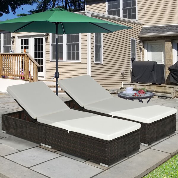 Outsunny 2 Pieces Outdoor PE Rattan Sun Loungers set of 2 w/ Cushion, Garden Wicker Sunbed Furniture w/ 5-Level Recliner Backrest, Brown Aosom UK