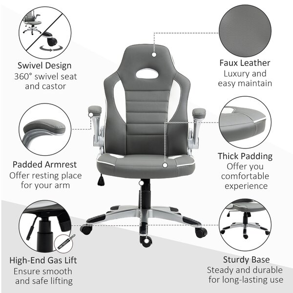 Vinsetto Home Office Chair, PU Leather Racing Chair with 90° Flip-up Armrest, Adjustable Height and Rolling Wheels, Grey Aosom UK