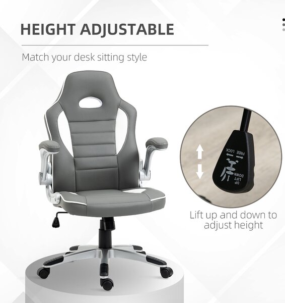 Vinsetto Home Office Chair, PU Leather Racing Chair with 90° Flip-up Armrest, Adjustable Height and Rolling Wheels, Grey Aosom UK