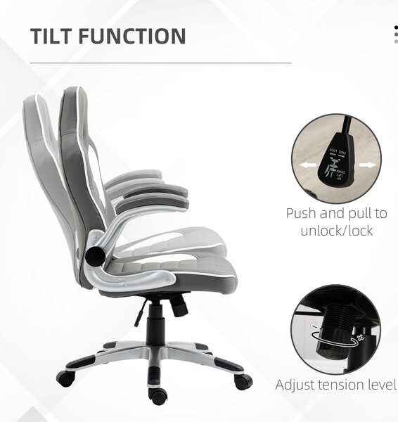 Vinsetto Home Office Chair, PU Leather Racing Chair with 90° Flip-up Armrest, Adjustable Height and Rolling Wheels, Grey Aosom UK