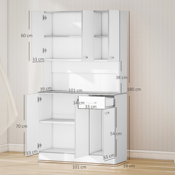 HOMCOM Kitchen Cupboard, Freestanding Kitchen Storage Cabinet with 6 Doors, Drawer, Adjustable Shelves and Open Countertop for Dining Room, White