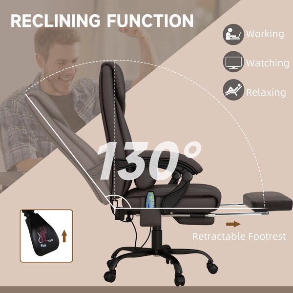 Vinsetto Executive Chair with 6-Point Massage, Recliner with Remote Control, Swivel Wheels & Footrest, PU Leather, Brown Aosom UK