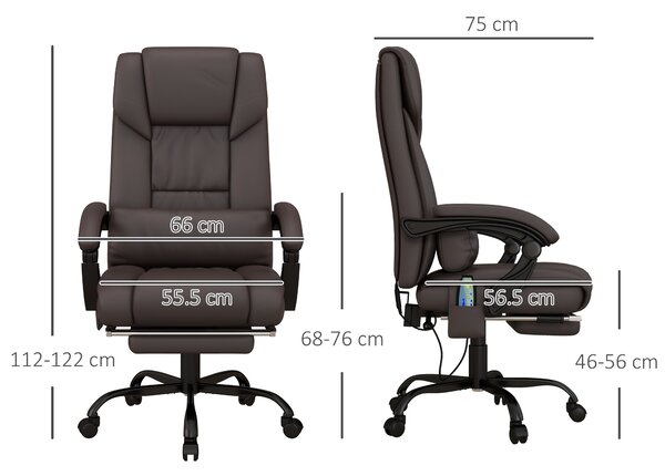 Vinsetto Executive Chair with 6-Point Massage, Recliner with Remote Control, Swivel Wheels & Footrest, PU Leather, Brown Aosom UK