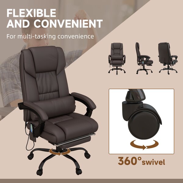 Vinsetto Executive Chair with 6-Point Massage, Recliner with Remote Control, Swivel Wheels & Footrest, PU Leather, Brown Aosom UK