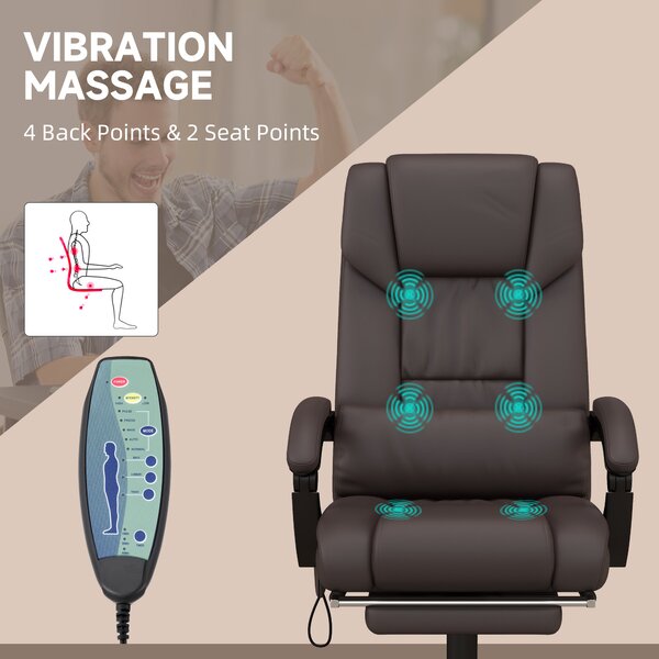 Vinsetto Executive Chair with 6-Point Massage, Recliner with Remote Control, Swivel Wheels & Footrest, PU Leather, Brown Aosom UK