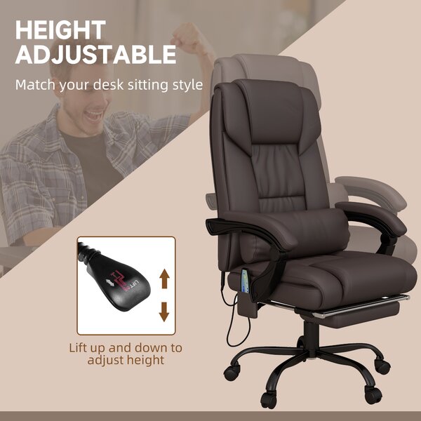 Vinsetto Executive Chair with 6-Point Massage, Recliner with Remote Control, Swivel Wheels & Footrest, PU Leather, Brown Aosom UK