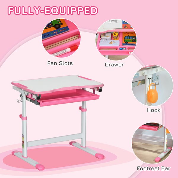 HOMCOM Adjustable Kids Desk and Chair Set, Student Writing Desk with Drawer, Pen Slot, Hook, Pink Aosom UK