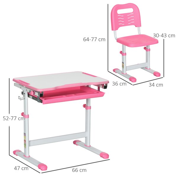 HOMCOM Adjustable Kids Desk and Chair Set, Student Writing Desk with Drawer, Pen Slot, Hook, Pink Aosom UK