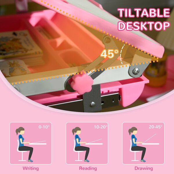 HOMCOM Adjustable Kids Desk and Chair Set, Student Writing Desk with Drawer, Pen Slot, Hook, Pink Aosom UK