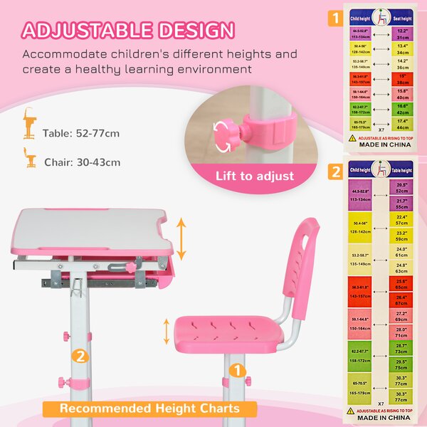 HOMCOM Adjustable Kids Desk and Chair Set, Student Writing Desk with Drawer, Pen Slot, Hook, Pink Aosom UK
