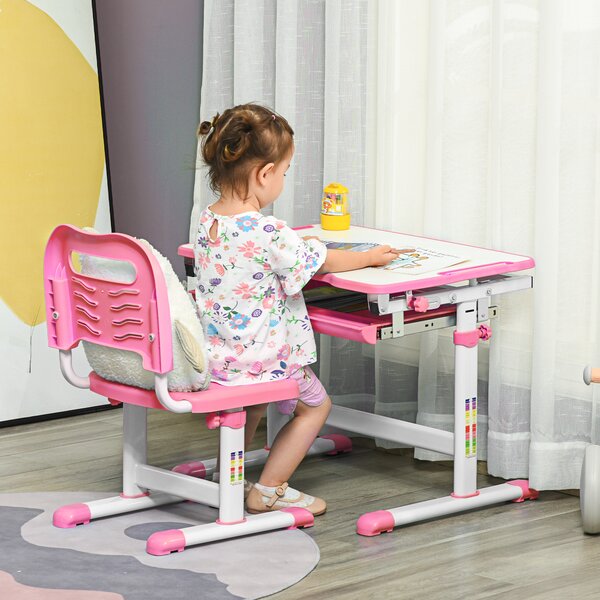 HOMCOM Adjustable Kids Desk and Chair Set, Student Writing Desk with Drawer, Pen Slot, Hook, Pink Aosom UK