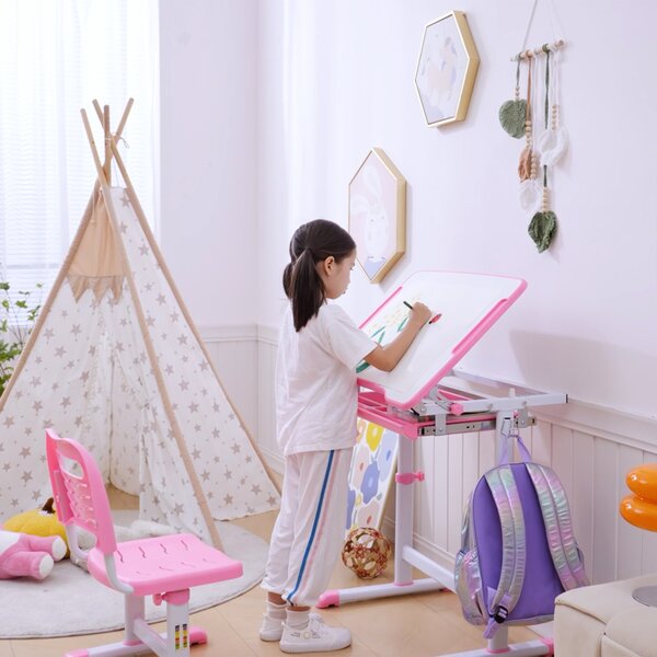 HOMCOM Adjustable Kids Desk and Chair Set, Student Writing Desk with Drawer, Pen Slot, Hook, Pink Aosom UK