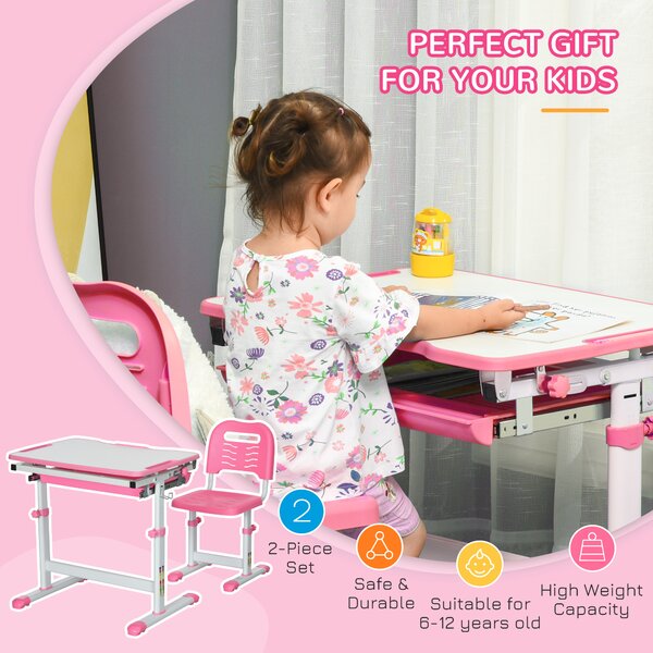 HOMCOM Adjustable Kids Desk and Chair Set, Student Writing Desk with Drawer, Pen Slot, Hook, Pink Aosom UK