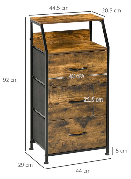 HOMCOM Industrial Storage Cabinet, Fabric Chest of Drawers with Display Shelves, 3 Drawers Storage Unit for Living Room, Rustic Brown Aosom UK