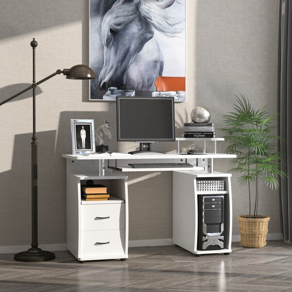 HOMCOM Office PC Desk, Computer Table Workstation with Keyboard Tray, CPU Shelf, Drawers, Sliding Scanner Shelf, White Aosom UK