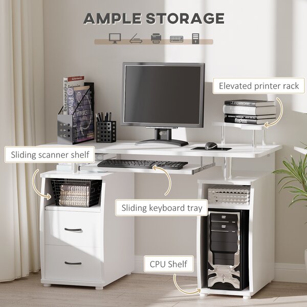 HOMCOM Office PC Desk, Computer Table Workstation with Keyboard Tray, CPU Shelf, Drawers, Sliding Scanner Shelf, White Aosom UK