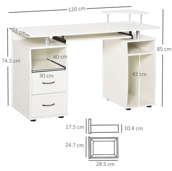 HOMCOM Office PC Desk, Computer Table Workstation with Keyboard Tray, CPU Shelf, Drawers, Sliding Scanner Shelf, White Aosom UK