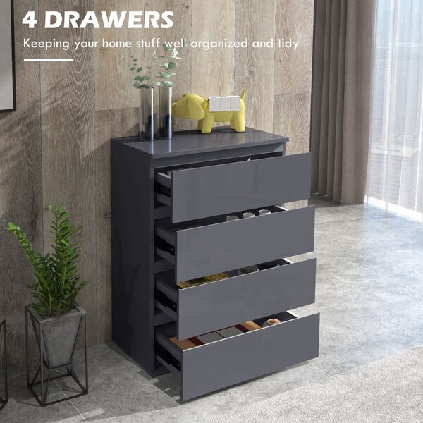 HOMCOM Modern High Gloss Chest of Drawers, 4-Drawer Bedroom Storage Dresser, Stylish Furniture Aosom UK