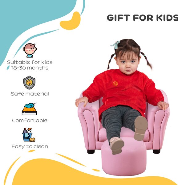 HOMCOM Toddler Chair Single Seater Kids Sofa Set Children Couch Seating Game Chair Seat Armchair w/ Free Footstool (Pink)