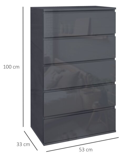 HOMCOM High Gloss Chest of Drawers, 5-Drawer Storage Cabinets, Modern Dresser, Storage Drawer Unit for Bedroom Aosom UK