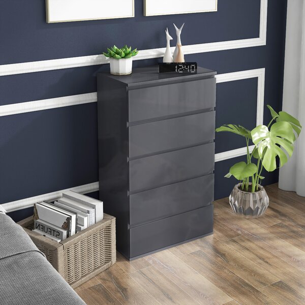 HOMCOM High Gloss Chest of Drawers, 5-Drawer Storage Cabinets, Modern Dresser, Storage Drawer Unit for Bedroom Aosom UK