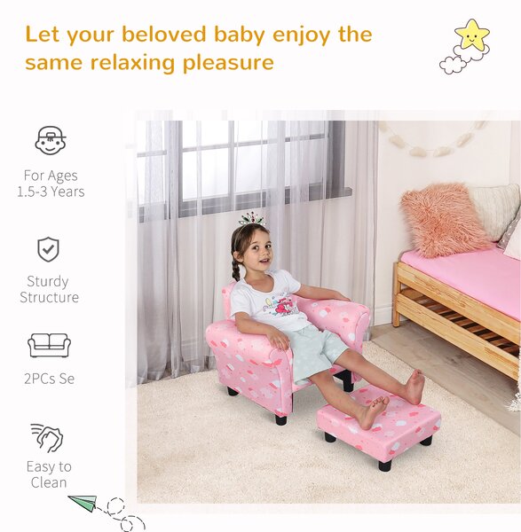 HOMCOM Kids Children Armchair Mini Sofa Wood Frame w/ Footrest Anti-Slip Legs High Back Arms Bedroom Playroom Furniture Cute Cloud Pink Aosom UK