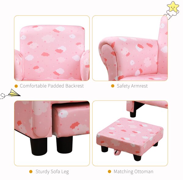 HOMCOM Kids Children Armchair Mini Sofa Wood Frame w/ Footrest Anti-Slip Legs High Back Arms Bedroom Playroom Furniture Cute Cloud Pink Aosom UK