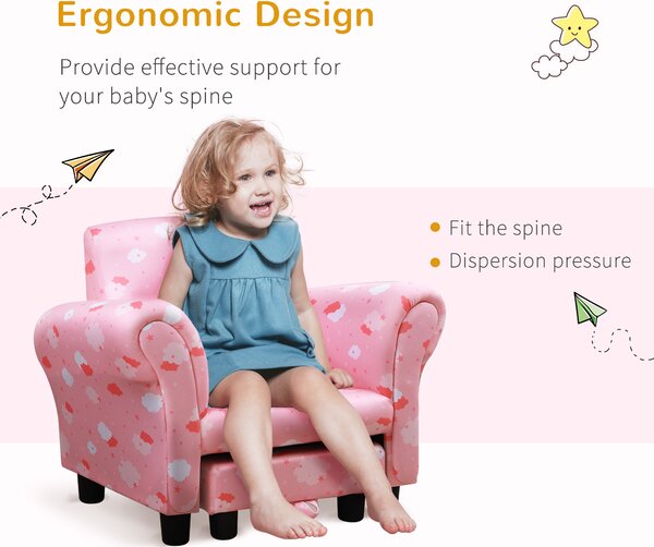 HOMCOM Kids Children Armchair Mini Sofa Wood Frame w/ Footrest Anti-Slip Legs High Back Arms Bedroom Playroom Furniture Cute Cloud Pink Aosom UK