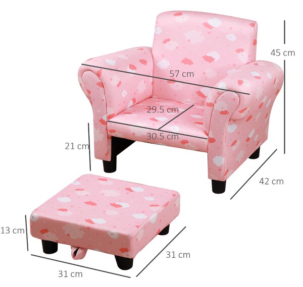 HOMCOM Kids Children Armchair Mini Sofa Wood Frame w/ Footrest Anti-Slip Legs High Back Arms Bedroom Playroom Furniture Cute Cloud Pink Aosom UK