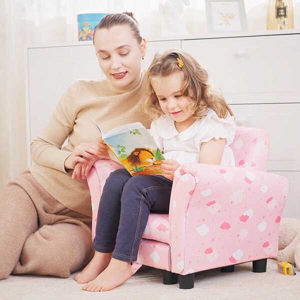 HOMCOM Kids Children Armchair Mini Sofa Wood Frame w/ Footrest Anti-Slip Legs High Back Arms Bedroom Playroom Furniture Cute Cloud Pink Aosom UK