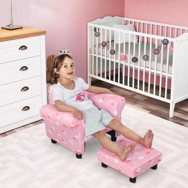 HOMCOM Kids Children Armchair Mini Sofa Wood Frame w/ Footrest Anti-Slip Legs High Back Arms Bedroom Playroom Furniture Cute Cloud Pink Aosom UK