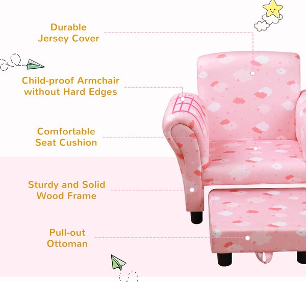 HOMCOM Kids Children Armchair Mini Sofa Wood Frame w/ Footrest Anti-Slip Legs High Back Arms Bedroom Playroom Furniture Cute Cloud Pink Aosom UK