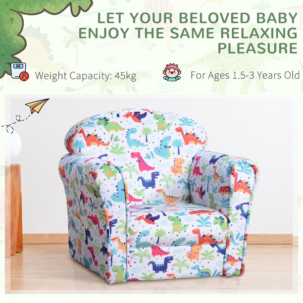 HOMCOM Children Armchair Kids Sofa Tub Chair Seat Cartoon Dinosaur Pattern Bedroom Flannel Wooden Frame Non-slip Playroom Seater Aosom UK