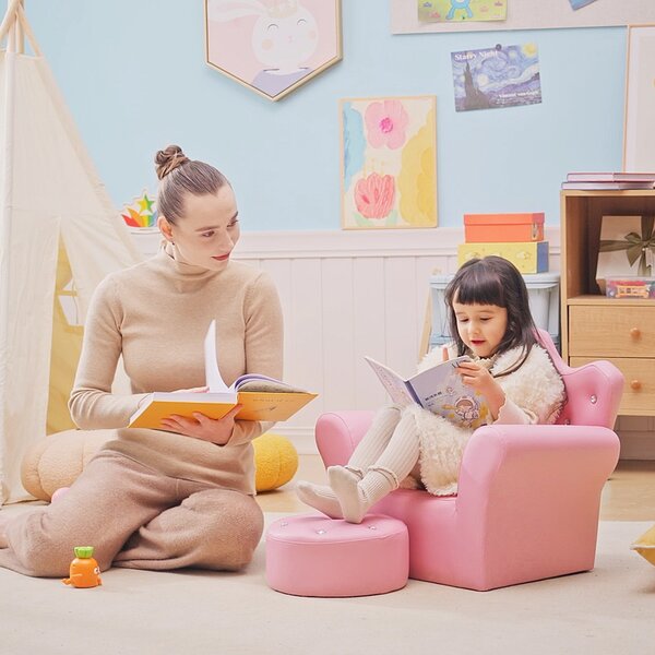 HOMCOM Children Kids Sofa Set Armchair Chair Seat with Free Footstool PU Leather Pink