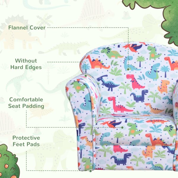 HOMCOM Children Armchair Kids Sofa Tub Chair Seat Cartoon Dinosaur Pattern Bedroom Flannel Wooden Frame Non-slip Playroom Seater Aosom UK