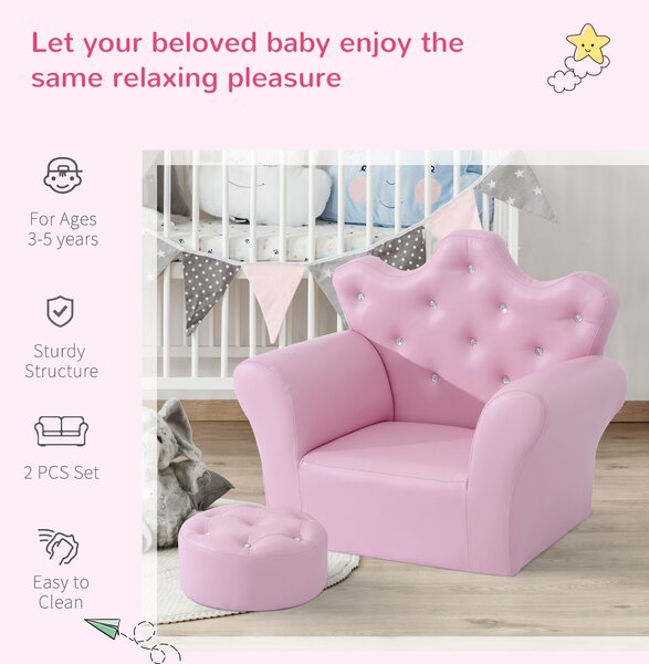 HOMCOM Children Kids Sofa Set Armchair Chair Seat with Free Footstool PU Leather Pink