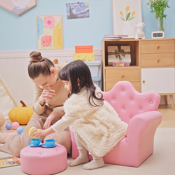 HOMCOM Children Kids Sofa Set Armchair Chair Seat with Free Footstool PU Leather Pink