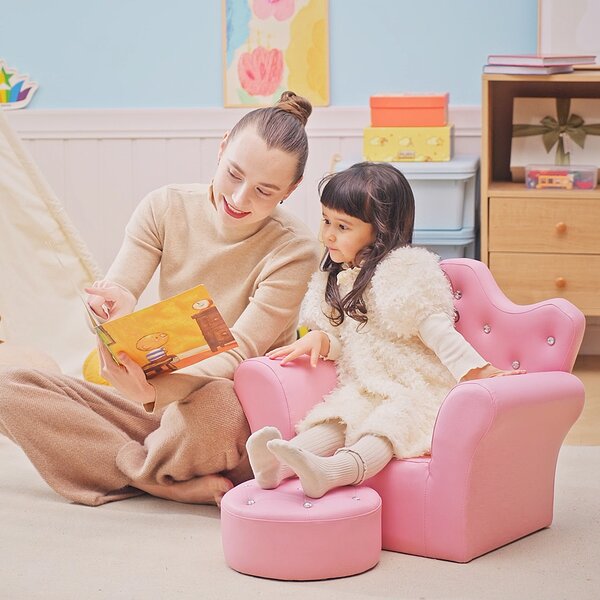 HOMCOM Children Kids Sofa Set Armchair Chair Seat with Free Footstool PU Leather Pink