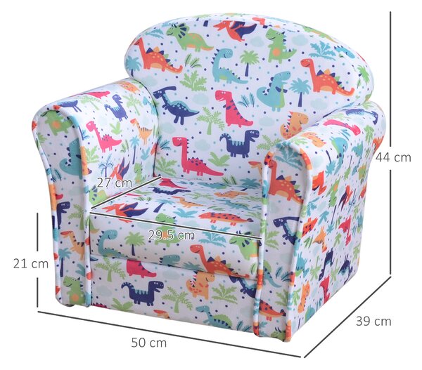 HOMCOM Children Armchair Kids Sofa Tub Chair Seat Cartoon Dinosaur Pattern Bedroom Flannel Wooden Frame Non-slip Playroom Seater Aosom UK