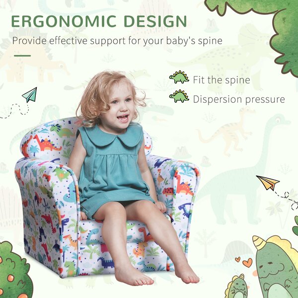 HOMCOM Children Armchair Kids Sofa Tub Chair Seat Cartoon Dinosaur Pattern Bedroom Flannel Wooden Frame Non-slip Playroom Seater Aosom UK